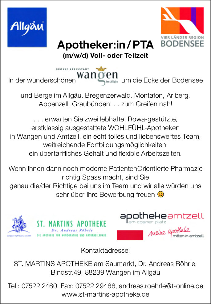 Anzeige ApothekerIn gesucht zur Beratung über Arzneimittel bzw. Medikamente für die St. Martins Apotheke in Wangen im Allgäu und für die Apotheke Amtzell.